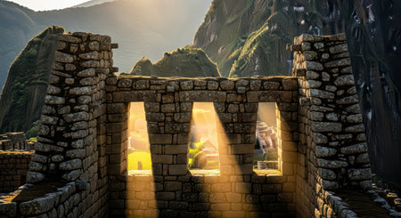 Majestic sunrise through ancient stone structures at machu picchuの素材