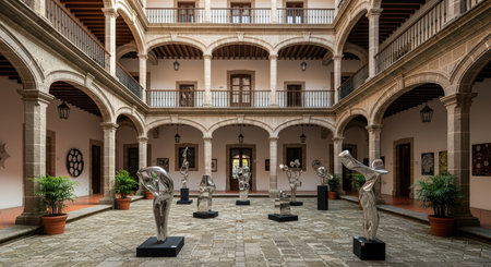 Elegant sculptures in historic courtyard with arched architecture and art displayの素材