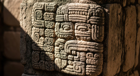 Ancient mayan stone relief: intricate carvings and patterns in sunlightの素材