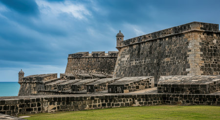 Historic stone fort overlooking ocean under cloudy skyの素材