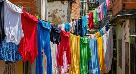 Colorful laundry hanging on clotheslines in urban alleywayの素材
