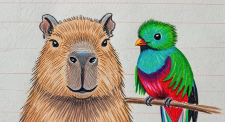 Colorful quetzal bird and capybara illustration on lined paperの素材