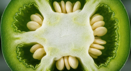 Close-up of green bell pepper cross section with seedsの素材
