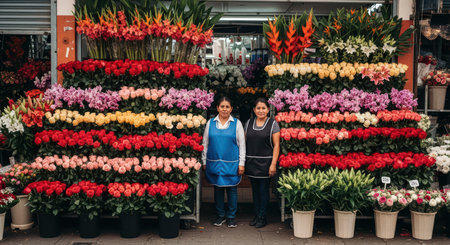 Two hispanic women displaying colorful flower bouquets at market stallの素材