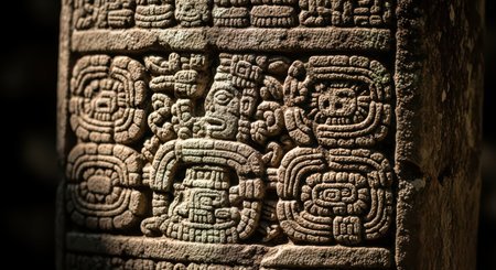 Ancient mayan stone carvings with hieroglyphics in sunlightの素材