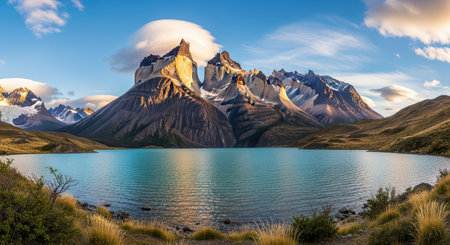 Scenic view of torres del paine peaks and lake at sunrise in chilean patagoniaの素材