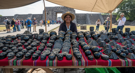 Hispanic adult female vendor at archaeological site with handcrafted souvenirsの素材