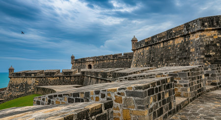 Majestic fortress walls overlooking ocean under dramatic skyの素材