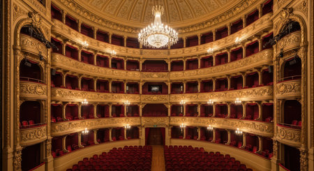 Luxurious golden opera house interior with ornate balcony seating and grande chandelierの素材