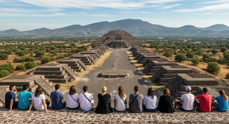 Group of tourists enjoying view of teotihuacan pyramids on a clear dayの素材