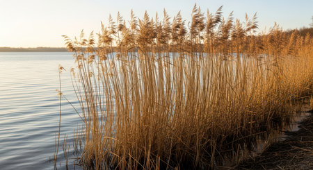 Golden sunset over tranquil lake with tall reeds swaying in the breezeの素材