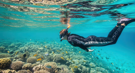 Female snorkeler exploring vibrant coral reef underwater adventureの素材