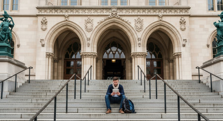 Young caucasian male reading on university steps in front of gothic architectureの素材
