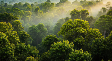 Lush tropical rainforest canopy at sunrise with mist and dense foliageの素材