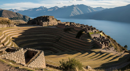 Ancient terraced agricultural site overlooking lake in andean mountainsの素材