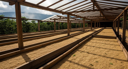 Sun-drying coffee beans in wooden trays at mountainous farm settingの素材