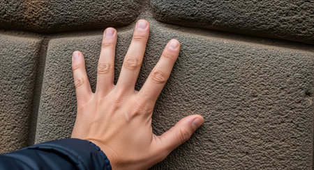 Close-up of hand touching ancient stone wall textureの素材