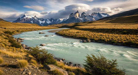 Majestic mountain range and serene river in patagonia landscapeの素材