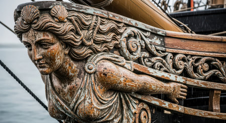 Intricate wooden figurehead on historical ship bowの素材