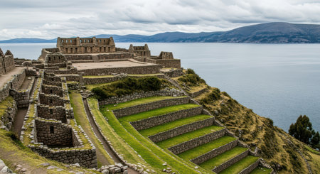 Ancient ruins overlooking lake titicaca with cloudy sky in boliviaの素材