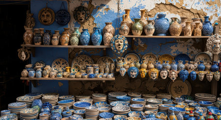 Colorful ceramic pottery and decorative masks on display in rustic shopの素材
