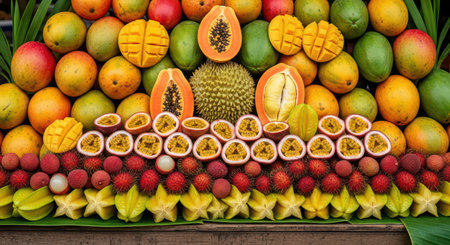 Vibrant tropical fruit display: mango, papaya, durian, passionfruit, rambutan, starfruitの素材