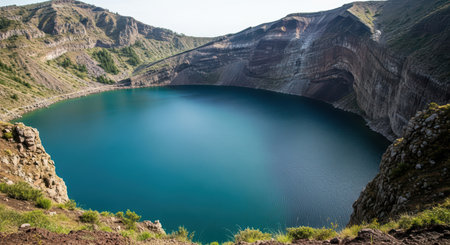 Majestic crater lake with clear blue water surrounded by rocky cliffs and vegetationの素材