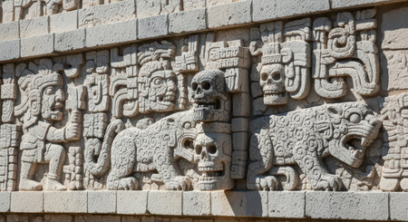 Ancient mayan stone carvings of jaguars and skulls on historic templeの素材