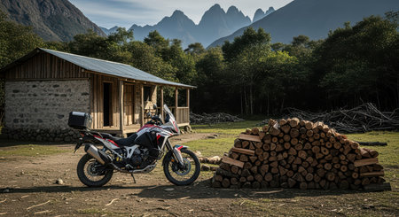 Adventure motorcycle parked near rustic cabin in mountainous landscapeの素材