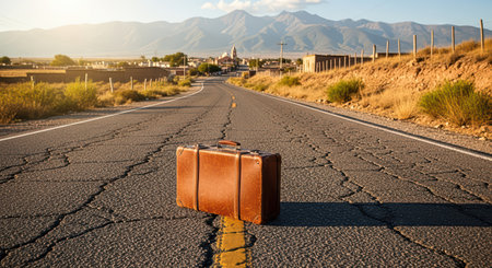 Lonely suitcase on desert road leading to small town at sunsetの素材