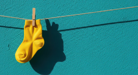 Bright yellow sock on clothesline casting shadow against teal wallの素材