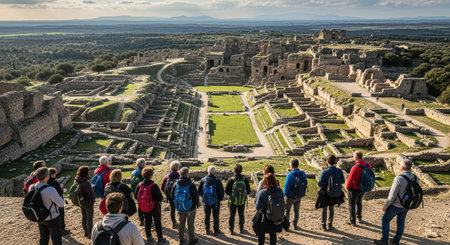 Group of tourists exploring ancient roman ruins under sunny skiesの素材