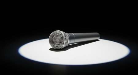 Microphone spotlight on stage - dramatic lighting in dark backgroundの素材