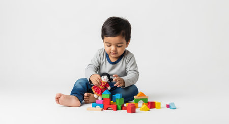 Asian young child playing with colorful blocks and doll on floorの素材