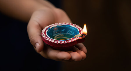 Hand holding lit diya lamp for diwali celebrationの素材