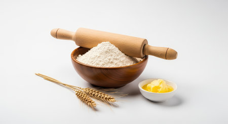 Baking essentials: flour, butter, wooden rolling pin, wheat stalks on white backgroundの素材