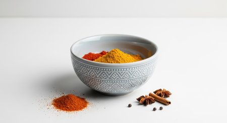 Colorful spices in decorative bowl on white background with star anise and cinnamonの素材