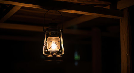 Rustic lantern illuminating cozy wooden structure in darknessの素材