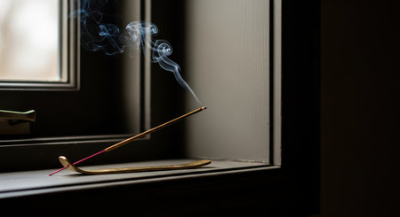 Serene incense stick burning on windowsill in soft lightの素材
