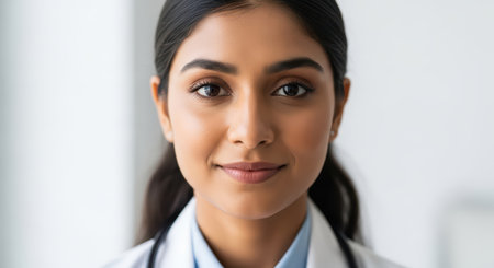 Confident young asian female doctor smiling in professional settingの素材