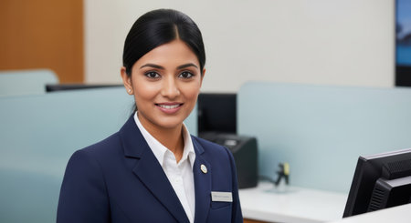 Smiling young asian female professional in office attire at reception deskの素材