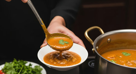 Cooking process of rich tomato soup with fresh cilantro garnishの素材