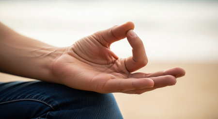 Close-up of hand in meditation pose on beachの素材