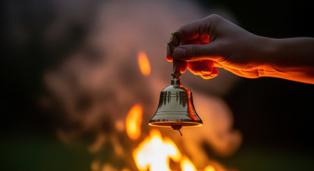 Hand ringing a bronze bell with flames in backgroundの素材