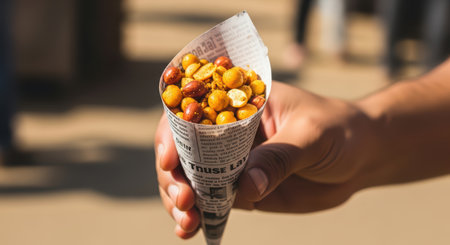 Hand holding spicy roasted peanuts in newspaper cone on streetの素材