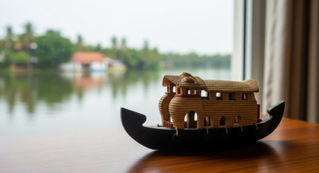 Intricately designed miniature houseboat on wooden table by lakeside windowの素材
