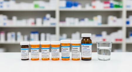 Assorted prescription medication bottles with glass of water in pharmacyの素材