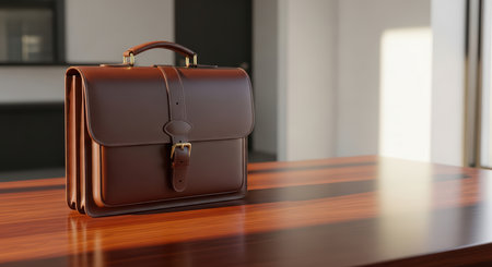 Elegant brown leather briefcase on wooden office desk with sunlightの素材