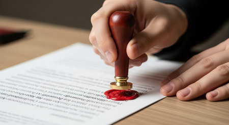 Seal stamp on document: hands applying red wax for official certificationの素材