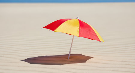 Red and yellow beach umbrella on sandy beach with blue sky backgroundの素材